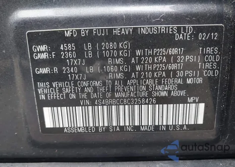 2012 Subaru Outback 2.5I Premium z USA, uszkodzony, nr VIN 4S4BRBCC8C3258426